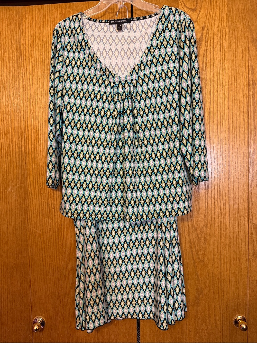 Jones New York Turquoise and Black Geometric Long-Sleeve Dress